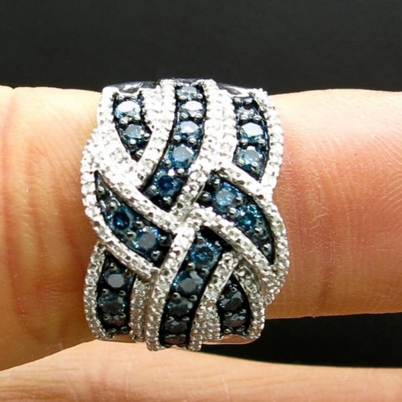 NEW Silver Blue Sapphire Braided Wide Band Wedding Ring - Picture 2 of 4